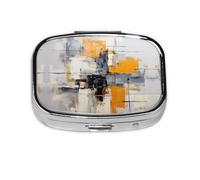 Pastillero de viaje con pintura abstracta gris y amarilla. Pastillero de 2 compartimentos, mini pastillero portátil, caja de almacenamiento de medicamentos y vitaminas