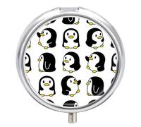 Pastillero De Viaje Lindo Pingüino De Dibujos Animados Pastillero 3 Rejillas Con Espejo Distribuidor De Metal Redondo Portátil Caja De Almacenamiento Regalo Único