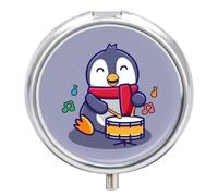 Pastillero De Viaje Lindo Pingüino Tocando El Tambor Pastillero 3 Rejillas Con Espejo Distribuidor De Metal Redondo Portátil Caja De Almacenamiento Regalo Único