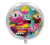 Pastillero De Viaje Monstruito Colorido De Dibujos Animados Pastillero 3 Rejillas Con Espejo Distribuidor De Metal Redondo Portátil Caja De Almacenamiento Regalo Único