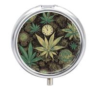 Pastillero de viaje pequeño organizador de pastilleros, a Puff in Time Weed Marihuana Print Round Cute Metal Pastillero 3 Compartimentos Portátil Diario Tablet Box para bolso y bolsillo