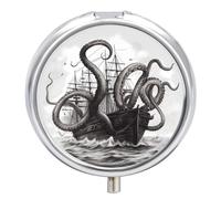 Pastillero de viaje pequeño organizador de pastilleros, blanco y negro, estampado de pulpo y barco, redondo, bonito pastillero de metal, 3 compartimentos, portátil, para tableta diaria para bolso y