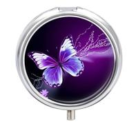 Pastillero de viaje pequeño organizador de pastilleros, bonito estampado de mariposa morada, redondo, bonito pastillero de metal, 3 compartimentos, portátil, diario, para bolso y bolsillo