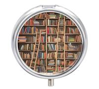 Pastillero de viaje pequeño organizador de pastilleros, colección divertida de estantes para libros e impresión de escalera, redondo, lindo pastillero de metal, 3 compartimentos, portátil, para