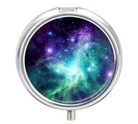 Pastillero de viaje pequeño organizador de pastilleros, color verde, azul, morado, estampado de galaxia, redondo, bonito pastillero de metal, 3 compartimentos, portátil, para tableta diaria para bolso