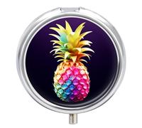 Pastillero de viaje pequeño organizador de pastilleros, colorido estampado de piña, redondo, lindo pastillero de metal, 3 compartimentos, portátil, diario, para bolso y bolsillo