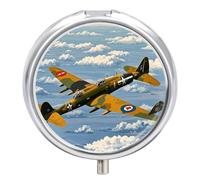 Pastillero de viaje pequeño organizador de pastilleros, diseño de aviones de la Segunda Guerra Mundial, redondo, bonito pastillero de metal, 3 compartimentos, portátil, diario, para bolso y bolsillo