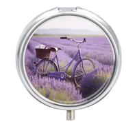 Pastillero de viaje pequeño organizador de pastilleros, diseño de bicicleta de campo de lavanda, redondo, bonito pastillero de metal, 3 compartimentos, portátil, para tableta diaria para bolso y