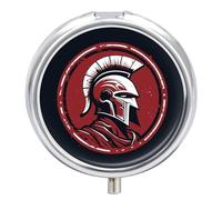 Pastillero de viaje pequeño organizador de pastilleros, diseño de casco espartano rojo, redondo, bonito pastillero de metal, 3 compartimentos, portátil, diario, para bolso y bolsillo