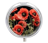 Pastillero de viaje pequeño organizador de pastilleros, diseño de flores de amapola roja, estampado de hojas, redondo, bonito pastillero de metal, 3 compartimentos, portátil, para tableta diaria para