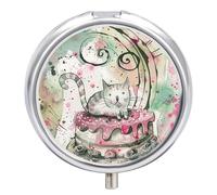 Pastillero de viaje pequeño organizador de pastilleros, diseño de gato en pastel, redondo, bonito pastillero de metal, 3 compartimentos, portátil, diario, para bolso y bolsillo