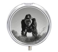 Pastillero de viaje pequeño organizador de pastilleros, diseño de gorila en la hierba, redondo, bonito pastillero de metal, 3 compartimentos, portátil, diario, para bolso y bolsillo