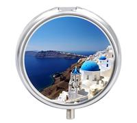 Pastillero de viaje pequeño organizador de pastilleros, diseño de isla griega de Santorini, con impresión de vista al mar, redondo, bonito pastillero de metal, 3 compartimentos, portátil, para tableta