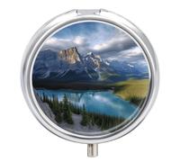 Pastillero de viaje pequeño organizador de pastilleros, diseño de Parque Nacional Banff, redondo, bonito pastillero de metal, 3 compartimentos, portátil, diario, para bolso y bolsillo