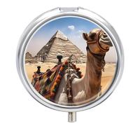 Pastillero de viaje pequeño organizador de pastilleros, diseño de pirámide de camello, redondo, lindo pastillero de metal, 3 compartimentos, portátil, para tableta diaria para bolso y bolsillo
