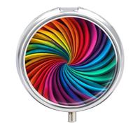 Pastillero de viaje pequeño organizador de pastilleros, diseño de rayas de arco iris, redondo, lindo pastillero de metal, 3 compartimentos, portátil, diario, tableta para bolso y bolsillo