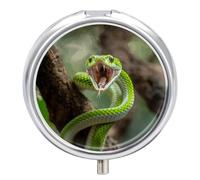 Pastillero de viaje pequeño organizador de pastilleros, diseño de serpiente abre su boca, redondo, lindo pastillero de metal, 3 compartimentos, portátil, para tableta diaria para bolso y bolsillo
