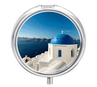 Pastillero de viaje pequeño organizador de pastilleros, diseño de vista al mar de Santorini, redondo, bonito pastillero de metal, 3 compartimentos, portátil, diario, para bolso y bolsillo