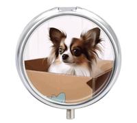 Pastillero de viaje pequeño organizador de pastilleros, diseño redondo de Papillon in The Box, pastillero de metal, 3 compartimentos, portátil, diario, para bolso y bolsillo