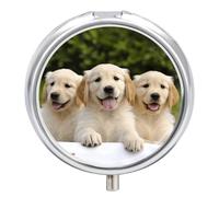 Pastillero de viaje pequeño organizador de pastilleros, estampado de cachorros Golden Retriever, redondo, lindo pastillero de metal, 3 compartimentos, portátil, para tableta diaria para bolso y