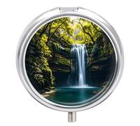 Pastillero de viaje pequeño organizador de pastilleros, estampado de cascada, redondo, bonito pastillero de metal, 3 compartimentos, portátil, diario, para bolso y bolsillo