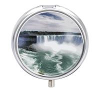Pastillero de viaje pequeño organizador de pastilleros, estampado de cataratas del Niágara, redondo, lindo pastillero de metal, 3 compartimentos, portátil, para tableta diaria para bolso y bolsillo