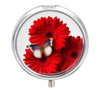 Pastillero de viaje pequeño organizador de pastilleros, estampado de flores rojas y mariposas, redondo, bonito pastillero de metal, 3 compartimentos, portátil, diario, para bolso y bolsillo