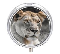 Pastillero de viaje pequeño organizador de pastilleros, estampado de leona, redondo, lindo pastillero de metal, 3 compartimentos, portátil, diario, para bolso y bolsillo