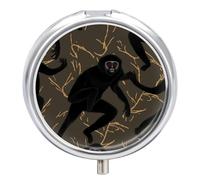 Pastillero de viaje pequeño organizador de pastilleros, estampado de mono Gibbon negro, redondo, bonito pastillero de metal, 3 compartimentos, portátil, para tableta diaria para bolso y bolsillo