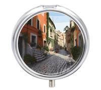 Pastillero de viaje pequeño organizador de pastilleros, impresión de calle de Italia, redondo, lindo pastillero de metal, 3 compartimentos, portátil, diario, tableta para bolso y bolsillo