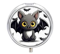 Pastillero de viaje pequeño organizador de pastilleros, lindo estampado de murciélago, redondo, lindo pastillero de metal, 3 compartimentos, portátil, diario, tableta para bolso y bolsillo