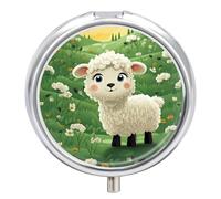 Pastillero de viaje pequeño organizador de pastilleros, lindo estampado de ovejas de dibujos animados, redondo, lindo pastillero de metal, 3 compartimentos, portátil, para tableta diaria para bolso y