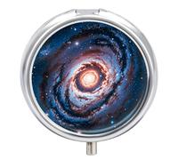 Pastillero de viaje pequeño organizador de pastilleros, planeta estrellas y galaxia, redondo, bonito pastillero de metal, 3 compartimentos, portátil, diario, para bolso y bolsillo