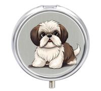 Pastillero de viaje pequeño organizador de pastilleros, Shih Tzu con estampado de perro, redondo, lindo pastillero de metal, 3 compartimentos, portátil, para tableta diaria para bolso y bolsillo