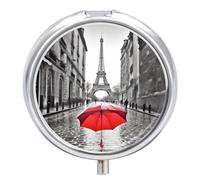 Pastillero de viaje pequeño organizador de pastilleros, Torre Eiffel París con diseño de paraguas rojo, redondo, bonito pastillero de metal, 3 compartimentos, portátil, para tableta diaria para bolso