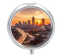 Pastillero de viaje pequeño organizador de píldoras, Atlanta City Sunset Paisaje, redondo, lindo pastillero de metal, 3 compartimentos, portátil, diario, tableta para bolso y bolsillo