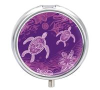 Pastillero de viaje pequeño organizador de píldoras, Hawaii con estampado de tortuga marina morada, redondo, bonito pastillero de metal, 3 compartimentos, portátil, para tableta diaria para bolso y