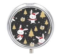 Pastillero de viaje pequeño, pastillero redondo de metal para monedero, pastillero portátil de 3 compartimentos con espejo, mini organizador de pastillas para viajes o uso diario, conejo y árbol de