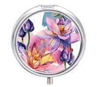 Pastillero De Viaje Pintura De Acuarela Flores Florecen Pastillero 3 Rejillas Con Espejo Distribuidor De Metal Redondo Portátil Caja De Almacenamiento Regalo Único