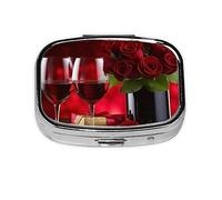 Pastillero de vino y rosas rojas, organizador de píldoras de metal, pastillero portátil para bolsillo o bolso, organizador decorativo de medicinas, contenedor de vitaminas