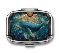 Pastillero de vitrales de ballena azul, 2 compartimentos, portátil, organizador de píldoras de viaje para bolso de bolsillo