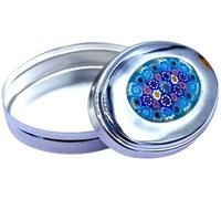 Pastillero decorativo de metal con mosaico floral, diseño murrina Murano, azul y rosa, caja ovalada