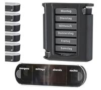 Pastillero 'Deluxe' para 7 días, plástico negro, 11,5 x 13 x 4,3 cm, texto en alemán "Deluxe" color negro