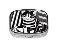 Pastillero diario con diseño de gatitos a rayas blancas y negras, cabe en el bolsillo, pastillero portátil de 2 compartimentos para medicamentos, vitaminas y más