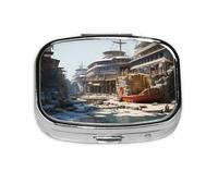 Pastillero Docking at The Port of The Giant Ship para viajar, organizador cuadrado portátil con compartimentos para medicamentos, vitaminas y suplementos, diseño de metal duradero.