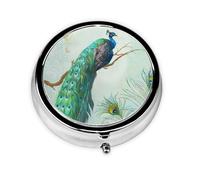 Pastillero elegante azul agua con diseño de pavo real y plumas, rama de árbol, con 3 compartimentos, organizador portátil
