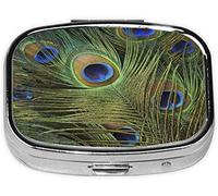 Pastillero, estampado de plumas de pavo real verde, pastillero cuadrado para bolsillo o monedero, pastillero pequeño, organizador de pastillas de viaje