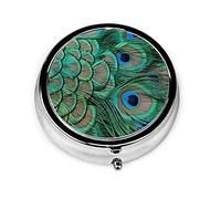 Pastillero Estuche de pastillas de plumas de pavo real para monedero Organizador de pastillas redondo de viaje pequeño y lindo