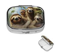 Pastillero familiar de perezosos con espejo, 2 compartimentos, decorativo, para bolso o bolsillo, organizador de pastillas cuadrado pequeño, organizador semanal de metal, medicina, tableta, soporte