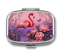 Pastillero Flamingo Peony Pond con espejo, 2 compartimentos, impermeable, para bolso, con agarre antideslizante, organizador de medicamentos de viaje, contenedor para vitaminas, aceite de pescado y s